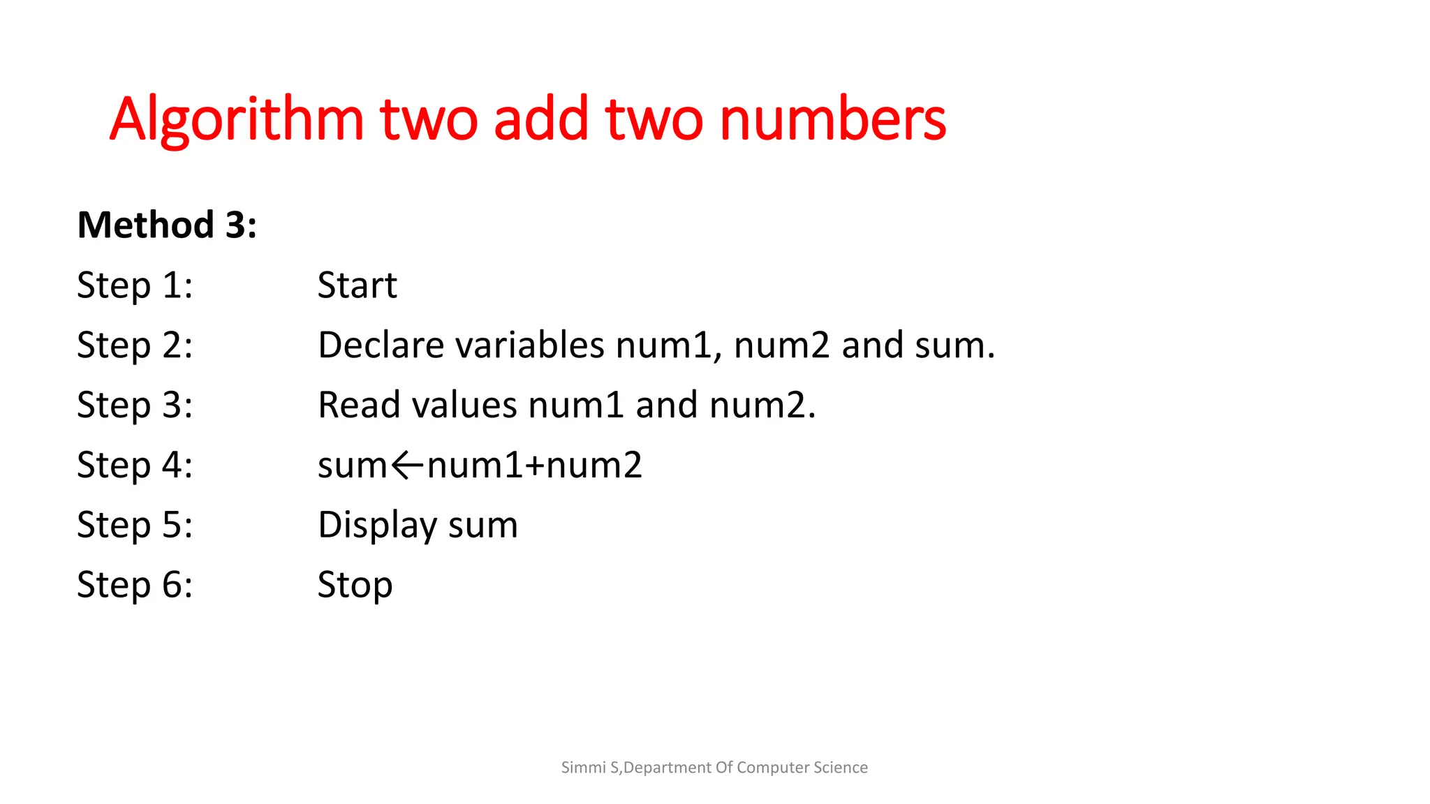 Algorithm two add two numbers
Method 3:
Step 1: Start
Step 2: Declare variables num1, num2 and sum.
Step 3: Read values num1 and num2.
Step 4: sum←num1+num2
Step 5: Display sum
Step 6: Stop
Simmi S,Department Of Computer Science
 
