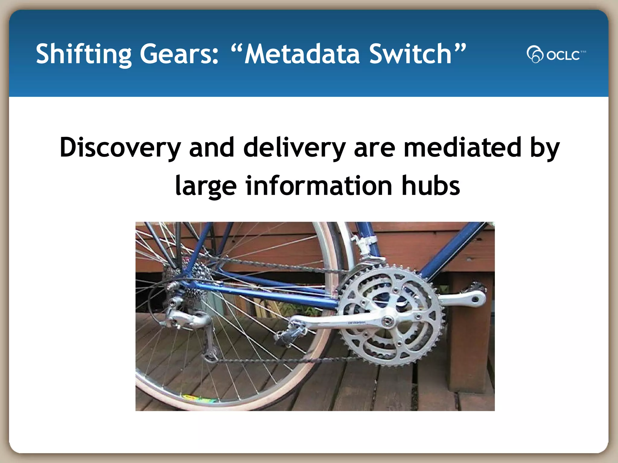 Shifting Gears: “Metadata Switch”  Discovery and delivery are mediated by large information hubs 
