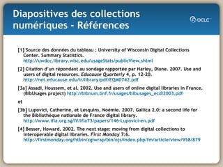 Diapositives des collections numériques - Références [1] Source des données du tableau : University of Wisconsin Digital Collections Center. Summary Statistics.  http://uwdcc.library.wisc.edu/usageStats/publicView.shtml [2] Citation d’un répondant au sondage rapportée par Harley, Diane. 2007. Use and users of digital resources.  Educause Quarterly  4, p. 12-20.  http://net.educause.edu/ir/library/pdf/EQM0742.pdf [3a] Assadi, Houssem, et al. 2002. Use and users of online digital libraries in France. (BibUsages project)  http://bibnum.bnf.fr/usages/bibusages_ecdl2003.pdf et [3b] Lupovici, Catherine, et Lesquins, Noémie. 2007. Gallica 2.0: a second life for the Bibliothèque nationale de France digital library.  http://www.ifla.org.sg/IV/ifla73/papers/146-Lupovici-en.pdf [4] Besser, Howard. 2002. The next stage: moving from digital collections to interoperable digital libraries.  First Monday  7:6.  http://firstmonday.org/htbin/cgiwrap/bin/ojs/index.php/fm/article/view/958/879 