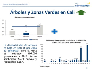 Árboles y Zonas Verdes en Cali
La disponibilidad de árboles
es baja en Cali (1 por cada
13 personas), pero la meta
es entregar 100.000
guayacanes a 2015. Ya se
sembraron 2.773 nuevos y
repusieron 8.387.
Fuente: Dagma.
43
Informe de Calidad de Vida en Cali, 2012
 