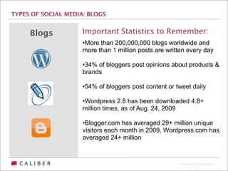TYPES OF SOCIAL MEDIA: BLOGS


     Blogs           Important Statistics to Remember:
                     •More than 200,000,000 blogs worldwide and
                     more than 1 million posts are written every day

                     •34% of bloggers post opinions about products &
                     brands

                     •54% of bloggers post content or tweet daily

                     •Wordpress 2.8 has been downloaded 4.8+
                     million times, as of Aug. 24, 2009

                     •Blogger.com has averaged 29+ million unique
                     visitors each month in 2009, Wordpress.com has
                     averaged 24+ million



                                                       Copyright 2009 The Caliber Group
 