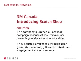 CASE STUDIES: NETWORKS




          3M Canada
          Introducing Scotch Shoe
          SOLUTION
          The company launched a Facebook
          campaign because of cost, female-user
          percentage and access to interest data.

          They spurred awareness through user-
          generated content, gift card contests and
          engagement advertisements.

                                                Copyright 2009 The Caliber Group
 
