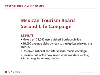 CASE STUDIES: ONLINE GAMES




          Mexican Tourism Board
          Second Life Campaign
          RESULTS
          • More than 33,000 users visited it on launch day.
          • 10,000 average visits per day to the replica following the
          launch.
          • Received national and international media coverage.
          • Became one of the new seven world wonders, ranking
          third among the winning seven.



                                                          Copyright 2009 The Caliber Group
 