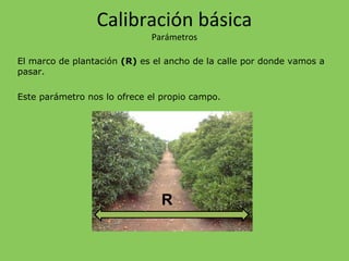 El marco de plantación (R) es el ancho de la calle por donde vamos a
pasar.
Este parámetro nos lo ofrece el propio campo.
R
Calibración básica
Parámetros
 