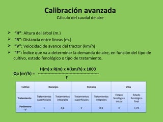 “H”: Altura del árbol (m.)
 “R”: Distancia entre líneas (m.)
 “V”: Velocidad de avance del tractor (km/h)
 “F”: Índice que va a determinar la demanda de aire, en función del tipo de
cultivo, estado fenológico o tipo de tratamiento.
H(m) x R(m) x V(km/h) x 1000
Qa (m3
/h) = --------------------------------------------
F
Calibración avanzada
Cálculo del caudal de aire
 