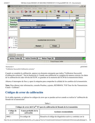 22/9/2017 16M Motor Grader B9H00001-UP (MACHINE) POWERED BY C13 Engine(SEBP4108 - 97) - Documentación
https://sis.cat.com/sisweb/sisweb/techdoc/techdoc_print_page.jsp?returnurl=/sisweb/sisweb/mediasearch/mediaheaderinfoframeset.jsp&calledpage=/s… 5/8
Ilustración 4 g03645885
"Calibration Successful (Calibración correcta)."
Cuando se completa la calibración, aparece un elemento emergente que indica "Calibration Successful
(Calibración correcta)". Vea la ilustración 4. Cuando una calibración se completa de manera correcta, los datos
de la calibración de cada válvula del ECPC se guardan en la memoria del ECM de la transmisión/chasis.
Alterne el interruptor de llave y opere la máquina para comprobar la calidad de los cambios de la transmisión.
Nota: Para obtener más información, consulte Pruebas y ajustes, RENR8454, "Fill Time for the Transmission
Clutch - Calibrate".
Códigos de error de calibración
En la tabla siguiente, se indican los códigos de error que se pueden activar cuando se realiza la "calibración de
llenado de la transmisión".
Tabla 1
Códigos de error del Cat® ET para la calibración de llenado de la transmisión
Código de
error
Causa probable de la
activación
Acciones recomendadas
0002 - Un código de Resuelva el código de diagnóstico activo y continúe con la
 