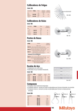 185
Calibradores de Folgas
Compassos
• Compassos retos totalmente temperados
• Compassos externos - pontas de contato arredondadas para fornecer dimensões com precisão.
• Compassos internos - pontas de contato arredondadas para fornecer contatos precisos
com peça.
Série 184
Calibradores de Raios
Série 186
Pentes de Rosca
Série 188
Escalas de Aço
• Acabamento em cromo fosco.
• Fabricadas em aço inoxidável temperado.
Série 182
Série 950
Capacidade Código Passo Tamanho Número
da lâmina de lâminas
mm mm mm
0,05–1 184-304S 0,05 150 20
0,05–0,3
184-305S
0,05
100 13
0,4–1 0,1
Capacidade Código Tipo
mm
150 950-212 Reto
200 950-213 Reto
150 950-222 Externo
200 950-223 Externo
150 950-232 Interno
200 950-233 Interno
Capacidade Código Graduação Largura Tipo
pol/mm pol/mm mm
12/300 182-125 1/32;1/64 / 1;0,5 25 Rígida
24/600 182-165 1/32;1/64 / 1;0,5 30 Rígida
12/300 182-225 1/32;1/64 / 1;0,5 12 Flexível
24/600 182-265 1
/32;1
/64 / 1;0,5 19 Flexível
Capacidade Código Passo Número
de lâminas
mm mm
1–3
186-105
0,25
34
3,5–7 0,5
7,5–15 186-106 0,5 32
15,5–20
186-107 0,5
30
21–25 1,0
Código Lâminas Número
de lâminas
Passo - mm
188-130 0,35; 0,4; 0,45; 0,5; 0,6; 0,7;0,75; 0,8; 1;
22
1,25; 1,5; 1,75; 2; 2,5; 3; 3,5; 4; 4,5; 5; 5,5; 6
188-122 0,4; 0,5; 0,75; 0,8; 0,9; 1; 1,25; 1,5;1,75;
21
2; 2,5; 3; 3,5; 4; 4,5; 5; 5,5; 6; 6,5; 7;
188-121 0,4; 0,5; 0,75; 1; 1,25; 1,5;1,75;
18
2; 2,5; 3; 3,5; 4; 4,5; 5; 5,5; 6; 6,5; 7;
Calibradores de rosca Whitworth
TPI
188-101 4; 41
/2; 5; 51
/2; 6; 7;8; 9; 10; 11; 111
/2; 12;
30
13; 14; 15; 16; 18; 20; 22; 24; 26; 27; 28;
30; 32; 34; 36; 38; 40; 42
188-102 4; 41/2; 5; 6; 7; 8; 9; 10; 11; 12; 13; 14;
28
16; 18; 19; 20; 22; 24; 25; 26; 28;
30; 32; 34; 36; 40; 48; 60
184-304S
186-105
950-221 950-231 950-211
Série 188
Série 182
 