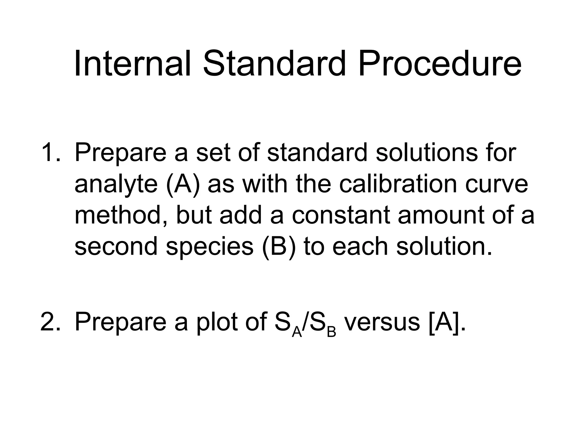 Internal Standard Procedure 
1. Prepare a set of standard solutions for 
analyte (A) as with the calibration curve 
method, but add a constant amount of a 
second species (B) to each solution. 
2. Prepare a plot of SA/SB versus [A]. 
 