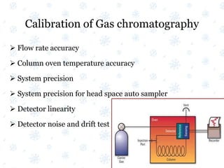 Calibration of Gas chromatography
 Flow rate accuracy
 Column oven temperature accuracy
 System precision
 System precision for head space auto sampler
 Detector linearity
 Detector noise and drift test
 
