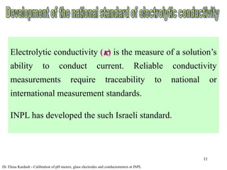 11
Electrolytic conductivity () is the measure of a solution’s
ability to conduct current. Reliable conductivity
measurements require traceability to national or
international measurement standards.
INPL has developed the such Israeli standard.
Dr. Elena Kardash - Calibration of pH meters, glass electrodes and conductometers at INPL
 
