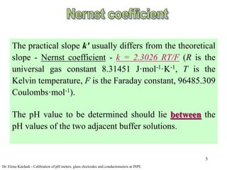5
The practical slope k' usually differs from the theoretical
slope - Nernst coefficient - k = 2.3026 RT/F (R is the
universal gas constant 8.31451 J·mol-1·K-1, T is the
Kelvin temperature, F is the Faraday constant, 96485.309
Coulombs·mol-1).
The pH value to be determined should lie between the
pH values of the two adjacent buffer solutions.
Dr. Elena Kardash - Calibration of pH meters, glass electrodes and conductometers at INPL
 