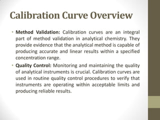 Calibration Curve Overview
• Method Validation: Calibration curves are an integral
part of method validation in analytical chemistry. They
provide evidence that the analytical method is capable of
producing accurate and linear results within a specified
concentration range.
• Quality Control: Monitoring and maintaining the quality
of analytical instruments is crucial. Calibration curves are
used in routine quality control procedures to verify that
instruments are operating within acceptable limits and
producing reliable results.
 