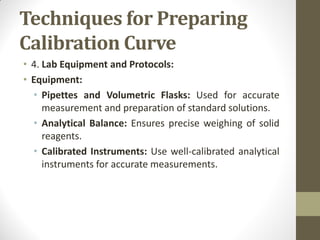 Techniques for Preparing
Calibration Curve
• 4. Lab Equipment and Protocols:
• Equipment:
• Pipettes and Volumetric Flasks: Used for accurate
measurement and preparation of standard solutions.
• Analytical Balance: Ensures precise weighing of solid
reagents.
• Calibrated Instruments: Use well-calibrated analytical
instruments for accurate measurements.
 
