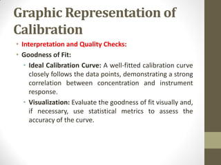 Graphic Representation of
Calibration
• Interpretation and Quality Checks:
• Goodness of Fit:
• Ideal Calibration Curve: A well-fitted calibration curve
closely follows the data points, demonstrating a strong
correlation between concentration and instrument
response.
• Visualization: Evaluate the goodness of fit visually and,
if necessary, use statistical metrics to assess the
accuracy of the curve.
 
