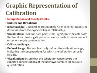 Graphic Representation of
Calibration
• Interpretation and Quality Checks:
• Outliers and Deviations:
• Identification: Graphical representation helps identify outliers or
deviations from the expected linear relationship.
• Visualization: Look for data points that significantly deviate from
the trend and investigate potential causes such as measurement
errors or sample contamination.
• Calibration Range:
• Defined Range: The graph visually defines the calibration range,
indicating the concentrations for which the calibration curve is
reliable.
• Visualization: Ensure that the calibration range covers the
expected concentrations of the unknown samples for accurate
quantification.
 