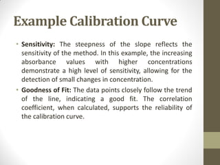 Example Calibration Curve
• Sensitivity: The steepness of the slope reflects the
sensitivity of the method. In this example, the increasing
absorbance values with higher concentrations
demonstrate a high level of sensitivity, allowing for the
detection of small changes in concentration.
• Goodness of Fit: The data points closely follow the trend
of the line, indicating a good fit. The correlation
coefficient, when calculated, supports the reliability of
the calibration curve.
 