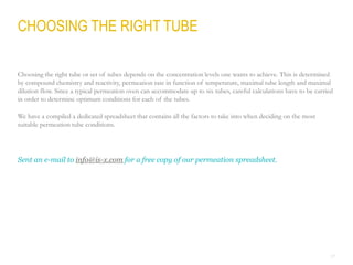 27
CHOOSING THE RIGHT TUBE
Choosing the right tube or set of tubes depends on the concentration levels one wants to achieve. This is determined
by compound chemistry and reactivity, permeation rate in function of temperature, maximal tube length and maximal
dilution flow. Since a typical permeation oven can accommodate up to six tubes, careful calculations have to be carried
in order to determine optimum conditions for each of the tubes.
We have a compiled a dedicated spreadsheet that contains all the factors to take into when deciding on the most
suitable permeation tube conditions.
Sent an e-mail to info@is-x.com for a free copy of our permeation spreadsheet.
 