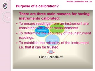 Purpose of a calibration?
There are three main reasons for having
instruments calibrated:
 To ensure readings from an instrument are
consistent with other measurements.
 To determine the accuracy of the instrument
readings.
 To establish the reliability of the instrument
i.e. that it can be trusted.
Precise Calibrations Pvt. Ltd.
 