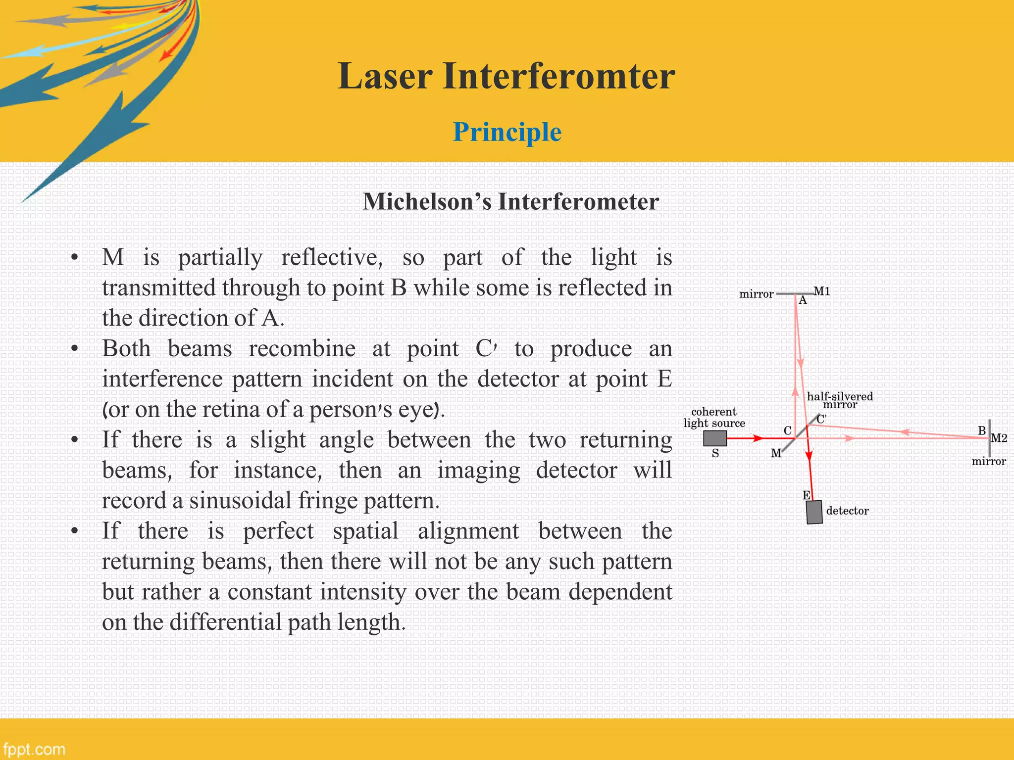 Laser Interferomter
Principle
• M is partially reflective, so part of the light is
transmitted through to point B while some is reflected in
the direction of A.
• Both beams recombine at point C' to produce an
interference pattern incident on the detector at point E
(or on the retina of a person's eye).
• If there is a slight angle between the two returning
beams, for instance, then an imaging detector will
record a sinusoidal fringe pattern.
• If there is perfect spatial alignment between the
returning beams, then there will not be any such pattern
but rather a constant intensity over the beam dependent
on the differential path length.
Michelson’s Interferometer
 