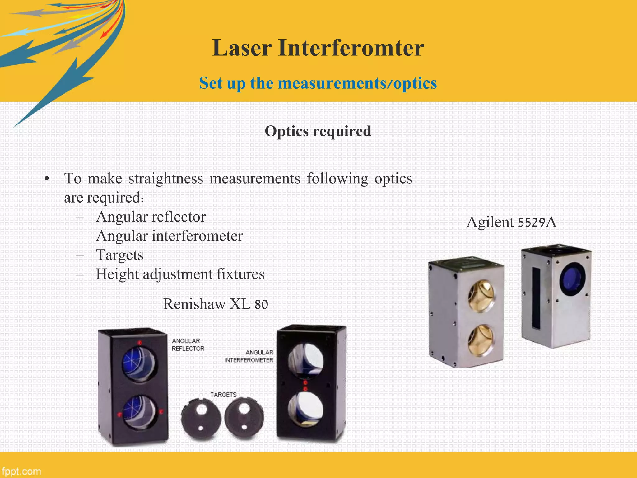 Laser Interferomter
Set up the measurements/optics
Optics required
• To make straightness measurements following optics
are required:
– Angular reflector
– Angular interferometer
– Targets
– Height adjustment fixtures
Renishaw XL 80
Agilent 5529A
 