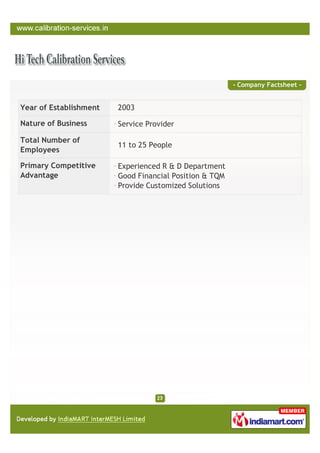- Company Factsheet -


Year of Establishment   2003

Nature of Business      Service Provider

Total Number of
                        11 to 25 People
Employees

Primary Competitive     Experienced R & D Department
Advantage               Good Financial Position & TQM
                        Provide Customized Solutions
 