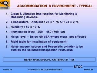 ACCOMMODATION & ENVIRONMENT - TYPICAL

   1. Clean & vibration free location for Monitoring &
      Measuring devices.
   2. Temperature : Ambient / 23 ± 1 °C OR 23 ± 2 °c
   3. Humidity : 50 ± 10 %
   4. Illumination level : 250 – 450 (700 lux)
   5. Noise level – Below 60 dBA where meas. are affected
   6. Rigid table for installation of equipment
   7. Noisy vacuum source and Pneumatic cylinder to be
      outside the calibration/inspection room/area


                 REFER NABL SPECIFIC CRITERIA 121 - 126


                                                          STQC
Version 1.0         CERTIFIED CALIBRATION PROFFESSIONAL          MIII/CH1/54
 