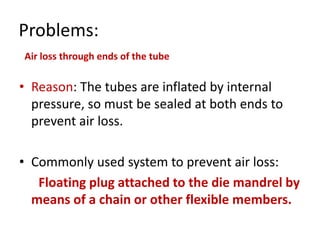 Problems:
? Reason: The tubes are inflated by internal
pressure, so must be sealed at both ends to
prevent air loss.
? Commonly used system to prevent air loss:
Floating plug attached to the die mandrel by
means of a chain or other flexible members.
Air loss through ends of the tube
 