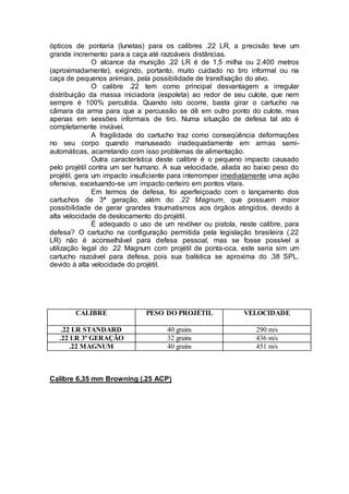 ópticos de pontaria (lunetas) para os calibres .22 LR, a precisão teve um
grande incremento para a caça até razoáveis distâncias.
O alcance da munição .22 LR é de 1,5 milha ou 2.400 metros
(aproximadamente), exigindo, portanto, muito cuidado no tiro informal ou na
caça de pequenos animais, pela possibilidade de transfixação do alvo.
O calibre .22 tem como principal desvantagem a irregular
distribuição da massa iniciadora (espoleta) ao redor de seu culote, que nem
sempre é 100% percutida. Quando isto ocorre, basta girar o cartucho na
câmara da arma para que a percussão se dê em outro ponto do culote, mas
apenas em sessões informais de tiro. Numa situação de defesa tal ato é
completamente inviável.
A fragilidade do cartucho traz como conseqüência deformações
no seu corpo quando manuseado inadequadamente em armas semi-
automáticas, acarretando com isso problemas de alimentação.
Outra característica deste calibre é o pequeno impacto causado
pelo projétil contra um ser humano. A sua velocidade, aliada ao baixo peso do
projétil, gera um impacto insuficiente para interromper imediatamente uma ação
ofensiva, excetuando-se um impacto certeiro em pontos vitais.
Em termos de defesa, foi aperfeiçoado com o lançamento dos
cartuchos de 3ª geração, além do .22 Magnum, que possuem maior
possibilidade de gerar grandes traumatismos aos órgãos atingidos, devido à
alta velocidade de deslocamento do projétil.
É adequado o uso de um revólver ou pistola, neste calibre, para
defesa? O cartucho na configuração permitida pela legislação brasileira (.22
LR) não é aconselhável para defesa pessoal, mas se fosse possível a
utilização legal do .22 Magnum com projétil de ponta-oca, este seria sim um
cartucho razoável para defesa, pois sua balística se aproxima do .38 SPL,
devido à alta velocidade do projétil.
CALIBRE PESO DO PROJÉTIL VELOCIDADE
.22 LR STANDARD 40 grains 290 m/s
.22 LR 3ª GERAÇÃO 32 grains 436 m/s
.22 MAGNUM 40 grains 451 m/s
Calibre 6,35 mm Browning (.25 ACP)
 