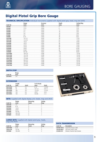 BORE GAUGING

       Digital Pistol Grip Bore Gauge
        TECHNICAL SPECIFICATION: Individual instruments supplied with digital pistol grip, head, ring and UKAS
                                  Range                             Accuracy          Depth                         Setting Ring
        Code No                   (mm)                              (mm)              (mm)                          (mm)
        XTH1M                     2-2.5                             0.004             9                             2.50
        XTH2M                     2.5-3                             0.004             9                             2.50
        XTH3M                     3-4                               0.004             12                            4.00
        XTH4M                     4-5                               0.004             18                            4.00
        XTH5M                     5-6                               0.004             18                            5.00
        XTH6M                     6-8                               0.004             58                            8.00
        XTH8M                     8-10                              0.004             58                            8.00
        XTH10M                    10-12.5                           0.004             58                            12.50
        XTH12M                    12.5-16                           0.004             62                            12.50
        XTH16M                    16-20                             0.004             62                            20.00
        XTH20M                    20-25                             0.004             66                            20.00
        XTH25M                    25-35                             0.004             66                            35.00
        XTH35M                    35-50                             0.004             80                            35.00
        XTH50M                    50-65                             0.005             80                            65.00
        XTH65M                    65-80                             0.005             80                            65.00
        XTH80M                    80-100                            0.005             100                           80.00
        XTH100M                   100-125                           0.006             115                           125.00
        XTH125M                   125-150                           0.006             115                           125.00
        XTH150M                   150-175                           0.007             115                           175.00
        XTH175M                   175-200                           0.007             115                           175.00
        XTH200M                   200-225                           0.008             118                           225.00
        XTH225M                   225-250                           0.008             118                           225.00
        XTH250M                   250-275                           0.009             118                           275.00
        XTH275M                   275-300                           0.009             118                           275.00


        DEPTH STOP
                        Range
        Code No         (mm)
        DSTOP01          2-6


        EXTENSIONS
                        Length                           To Fit Heads
        Code No         (mm)        (inch)               (mm)            (inch)
        EGX 0200        63          2.5                  6-10            1/4-3/8
        EGX 0400        76          3.0                  10-12.5         3/8-1/2
        EGX 0500        100         4.0                  12.5-20         1/2-3/4
        EGX 0001        150         6.0                  20-50           3/4-2
        EGX 0004        150         6.0                  50-300          2-12


        SETS: Supplied with digital display unit, heads, rings and UKAS
                        Range                Measuring              Setting
        Code No         (mm)                 Heads                  Rings
        SXTH1M          2-6                  5                      3
        SXTH3M          6-10                 2                      1
        SXTH4M          10-20                3                      2
        SXTH5M          20-50                3                      2
        SXTH6M          50-100               3                      2
        SXTH7M          100-150              2                      1
        SXTH8M          150-200              2                      1


        LARGE SETS: Supplied with digital pistol grip, heads,
        rings and UKAS
                        Range                Measuring              Setting
                                                                                   DATA TRANSMISSION
        Code No         (mm)                 Heads                  Rings          Code No       Description
        SXTH10M         6-20                 5                      3              30-905-4516   Serial Data Output Cable
        SXTH11M         20-100               6                      3              30-926-6821   USB Data Output Cable
        SXTH9M          100-200              4                      2              25-604-013    Wireless Powered Opto Module



                                                                                                                                         9


BUK2012_P08-09.indd 9                                                                                                              02/12/2011 13:45
 