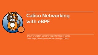 Calico Networking
with eBPF
Shaun Crampton, Core Developer for Project Calico
Chris Hoge, Developer Advocate for Project Calico
 