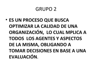 GRUPO 2 ES UN PROCESO QUE BUSCA OPTIMIZAR LA CALIDAD DE UNA ORGANIZACIÓN, LO CUAL MPLICA A TODOS LOS AGENTES Y ASPECTOS DE LA MISMA, OBLIGANDO A TOMAR DECISIONES EN BASE A UNA EVALUACIÓN .