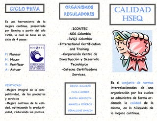ORGANISMOS
     CICLO PHVA                                                     CALIDAD
                                       REGULADORES
Es   una   herramienta   de   la
                                                                     HSEQ
mejora continua, presentada
                                           -ICONTEC
por Deming a partir del año
1950, la cual se basa en un              -SGS Colombia
ciclo de 4 pasos:                       -BVQI Colombia
                                   -International Certification
                                          and Training
P: Planear                           -Corporación Centro de
H: Hacer                           Investigación y Desarrollo
V: Verificar                               Tecnológico
A: Actuar                            -Cotecna Certificadora
                                            Services.

                                                                  Es el conjunto de normas
VENTAJAS:                                 DIANA SALAZAR
                                                                  interrelacionadas     de   una
-Mejora integral de la com-
                                           PAOLA GOMEZ            organización por los cuales
petitividad, de los productos
y servicios                               MAYRA MONTOYA           se administra de forma or-
-Mejora continua de la cali-              MARCELA PIÑEROS         denada la calidad de la
dad, optimizando la producti-                                     misma, en la búsqueda de
                                         GERALDINE GARCIA
vidad, reduciendo los precios.                                    la mejora continua.
 
