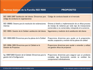 Normas básicas de la Familia ISO 9000 PROPOSITO  ISO 10001:2007 Satisfacción del cliente- Directrices para código de conducta en organizaciones  Código de conducta basado en el mercado ISO 100002- Sistema para la resolución de reclamaciones internas Orienta al diseño e implementación de un eficaz proceso de manejo de reclamos par todo tipo de transacciones comerciales o no comerciales, incluyendo el e-comercio ISO 10003- Gestión de la Calidad- satisfacción del cliente Seguimiento y medición de la satisfacción del cliente ISO 10005:2002 Directrices para los planes de la Calidad Proporciona directrices para ayudar en la preparación, estudio, aceptación y revisión de los planes de calidad  ISO 10006: 2002 Directrices para la Calidad en la Gestión de Proyectos  Proporciona directrices para ayudar a entender y utilizar una gestión eficaz de proyectos Isp 10007:2003 Gestión de la Calidad- Directrices para la gestión de la Configuración  Proporciona directrices para asegurar que un producto complejo siga funcionando cuando se cambian los componentes individualmente 
