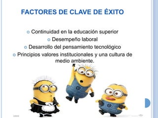 FACTORES DE CLAVE DE ÉXITO
Continuidad en la educación superior
 Desempeño laboral
 Desarrollo del pensamiento tecnológico
 Principios valores institucionales y una cultura de
medio ambiente.


 
