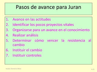 Pasos de avance para Juran
1.
2.
3.
4.
5.

Avance en las actitudes
Identificar los pocos proyectos vitales
Organizarse para un avance en el conocimiento
Realizar análisis
Determinar cómo vencer la resistencia al
cambio
6. Instituir el cambio
7. Instituir controles

Iesatec-Demetrio Mota

6-21

 