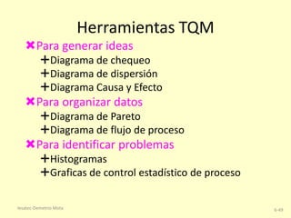Herramientas TQM
Para generar ideas
Diagrama de chequeo
Diagrama de dispersión
Diagrama Causa y Efecto

Para organizar datos
Diagrama de Pareto
Diagrama de flujo de proceso

Para identificar problemas
Histogramas
Graficas de control estadístico de proceso
Iesatec-Demetrio Mota

6-49

 