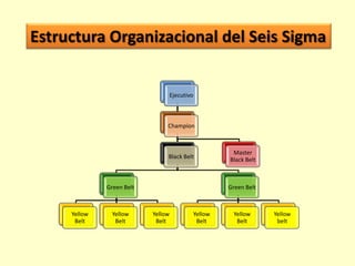 Estructura Organizacional del Seis Sigma

Ejecutivo

Champion

Black Belt

Green Belt

Yellow
Belt

Yellow
Belt

Master
Black Belt

Green Belt

Yellow
Belt

Yellow
Belt

Yellow
Belt

Yellow
belt

 