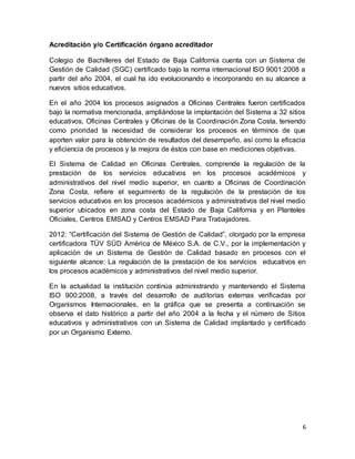 6
Acreditación y/o Certificación órgano acreditador
Colegio de Bachilleres del Estado de Baja California cuenta con un Sistema de
Gestión de Calidad (SGC) certificado bajo la norma internacional ISO 9001:2008 a
partir del año 2004, el cual ha ido evolucionando e incorporando en su alcance a
nuevos sitios educativos.
En el año 2004 los procesos asignados a Oficinas Centrales fueron certificados
bajo la normativa mencionada, ampliándose la implantación del Sistema a 32 sitios
educativos, Oficinas Centrales y Oficinas de la Coordinación Zona Costa, teniendo
como prioridad la necesidad de considerar los procesos en términos de que
aporten valor para la obtención de resultados del desempeño, así como la eficacia
y eficiencia de procesos y la mejora de éstos con base en mediciones objetivas.
El Sistema de Calidad en Oficinas Centrales, comprende la regulación de la
prestación de los servicios educativos en los procesos académicos y
administrativos del nivel medio superior, en cuanto a Oficinas de Coordinación
Zona Costa, refiere el seguimiento de la regulación de la prestación de los
servicios educativos en los procesos académicos y administrativos del nivel medio
superior ubicados en zona costa del Estado de Baja California y en Planteles
Oficiales, Centros EMSAD y Centros EMSAD Para Trabajadores.
2012: “Certificación del Sistema de Gestión de Calidad”, otorgado por la empresa
certificadora TÜV SÜD América de México S.A. de C.V., por la implementación y
aplicación de un Sistema de Gestión de Calidad basado en procesos con el
siguiente alcance: La regulación de la prestación de los servicios educativos en
los procesos académicos y administrativos del nivel medio superior.
En la actualidad la institución continúa administrando y manteniendo el Sistema
ISO 900:2008, a través del desarrollo de auditorías externas verificadas por
Organismos Internacionales, en la gráfica que se presenta a continuación se
observa el dato histórico a partir del año 2004 a la fecha y el número de Sitios
educativos y administrativos con un Sistema de Calidad implantado y certificado
por un Organismo Externo.
 