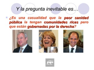 Y la pregunta inevitable es… ¿Es una casualidad que la  peor sanidad pública  la tengan  comunidades ricas  pero que están  gobernadas por la derecha ? 