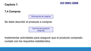 ISO 9001:2008
Capítulo 7.
7.4 Compras
Se debe describir el producto a comprar.
Implementar actividades para asegurar que el producto comprado
cumple con los requisitos establecidos.
Información de compras
Verificación producto
comprado
 