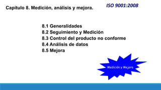 ISO 9001:2008
Capítulo 8. Medición, análisis y mejora.
8.1 Generalidades
8.2 Seguimiento y Medición
8.3 Control del producto no conforme
8.4 Análisis de datos
8.5 Mejora
Medición y Mejora
 