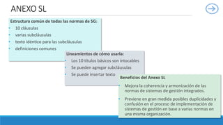 Estructura común de todas las normas de SG:
• 10 cláusulas
• varias subcláusulas
• texto idéntico para las subcláusulas
• definiciones comunes
ANEXO SL
Lineamientos de cómo usarla:
• Los 10 títulos básicos son intocables
• Se pueden agregar subcláusulas
• Se puede insertar texto
Beneficios del Anexo SL
• Mejora la coherencia y armonización de las
normas de sistemas de gestión integrados.
• Previene en gran medida posibles duplicidades y
confusión en el proceso de implementación de
sistemas de gestión en base a varias normas en
una misma organización.
 