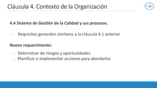 4.4 Sistema de Gestión de la Calidad y sus procesos.
 Requisitos generales similares a la cláusula 4.1 anterior
Nuevo requerimiento:
 Determinar de riesgos y oportunidades
 Planificar e implementar acciones para abordarlos
Cláusula 4. Contexto de la Organización
 