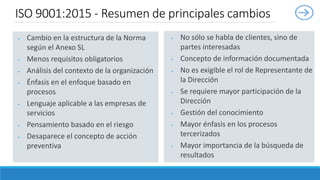  Cambio en la estructura de la Norma
según el Anexo SL
 Menos requisitos obligatorios
 Análisis del contexto de la organización
 Énfasis en el enfoque basado en
procesos
 Lenguaje aplicable a las empresas de
servicios
 Pensamiento basado en el riesgo
 Desaparece el concepto de acción
preventiva
ISO 9001:2015 - Resumen de principales cambios
 No sólo se habla de clientes, sino de
partes interesadas
 Concepto de información documentada
 No es exigible el rol de Representante de
la Dirección
 Se requiere mayor participación de la
Dirección
 Gestión del conocimiento
 Mayor énfasis en los procesos
tercerizados
 Mayor importancia de la búsqueda de
resultados
 