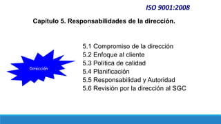 ISO 9001:2008
Capítulo 5. Responsabilidades de la dirección.
5.1 Compromiso de la dirección
5.2 Enfoque al cliente
5.3 Política de calidad
5.4 Planificación
5.5 Responsabilidad y Autoridad
5.6 Revisión por la dirección al SGC
Dirección
 