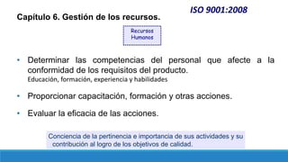 Capítulo 6. Gestión de los recursos.
• Determinar las competencias del personal que afecte a la
conformidad de los requisitos del producto.
Educación, formación, experiencia y habilidades
• Proporcionar capacitación, formación y otras acciones.
• Evaluar la eficacia de las acciones.
ISO 9001:2008
Recursos
Humanos
Conciencia de la pertinencia e importancia de sus actividades y su
contribución al logro de los objetivos de calidad.
 