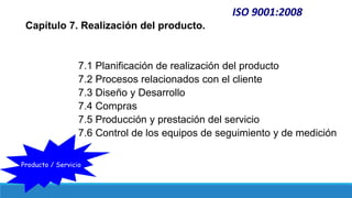ISO 9001:2008
Capítulo 7. Realización del producto.
7.1 Planificación de realización del producto
7.2 Procesos relacionados con el cliente
7.3 Diseño y Desarrollo
7.4 Compras
7.5 Producción y prestación del servicio
7.6 Control de los equipos de seguimiento y de medición
Producto / Servicio
 