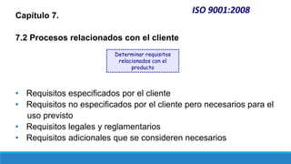 ISO 9001:2008
Capítulo 7.
7.2 Procesos relacionados con el cliente
• Requisitos especificados por el cliente
• Requisitos no especificados por el cliente pero necesarios para el
uso previsto
• Requisitos legales y reglamentarios
• Requisitos adicionales que se consideren necesarios
Determinar requisitos
relacionados con el
producto
 
