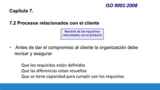 ISO 9001:2008
Capítulo 7.
7.2 Procesos relacionados con el cliente
• Antes de dar el compromiso al cliente la organización debe
revisar y asegurar
Que los requisitos están definidos
Que las diferencias estan resueltas
Que se tiene capacidad para cumplir con los requisitos
Revisión de los requisitos
relacionados con el producto
 