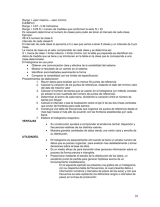 Rango = valor máximo – valor mínimo
EJEMPLO:
Rango = 3.67 –3.39 milímetros
Rango = 0.28 N = numero de medidas que conforman la serie N = 25
Es necesario determinar el numero de clases para poder así tener el intervalo de cada clase.
Ejemplo:
28=4.6 numero de clase 6
intervalo de cada clase4.6
El intervalo de cada clase lo aproxima a 5 o sea que vamos a tener 6 clases y un intervalo de 5 por
clase.
La marca de clase es el valor comprendido de cada clase y se determina así:
X = marca de clase = limite máximo + limite mínimo con la tabla ya preparada se identifican los
datos de medida que se tiene y se introducen en la tabla en la clase que le corresponde a una
clase determinada.
El histograma se usa para:
     • Obtener una comunicación clara y efectiva de la variabilidad del sistema
     • Mostrar el resultado de un cambio en el sistema
     • Identificar anormalidades examinando la forma
     • Comparar la variabilidad con los límites de especificación
Procedimientos de elaboración:
             1. Reunir datos para localizar por lo menos 50 puntos de referencia
             2. Calcular la variación de los puntos de referencia, restando el dato del mínimo valor
                 del dato de máximo valor
             3. Calcular el número de barras que se usaran en el histograma (un método consiste
                 en extraer la raíz cuadrada del número de puntos de referencia)
             4. Determinar el ancho de cada barra, dividiendo la variación entre el número de
                 barras por dibujar
             5. Calcule el intervalo o sea la localización sobre el eje X de las dos líneas verticales
                 que sirven de fronteras para cada barrera
             6. Construya una tabla de frecuencias que organice los puntos de referencia desde el
                 más bajo hasta el más alto de acuerdo con las fronteras establecidas por cada
                 barra.
             7. Elabore el histograma respectivo.
VENTAJAS
                     • Su construcción ayudará a comprender la tendencia central, dispersión y
                         frecuencias relativas de los distintos valores.
                     • Muestra grandes cantidades de datos dando una visión clara y sencilla de
                         su distribución.
UTILIDADES.
                     • El histograma es especialmente útil cuando se tiene un amplio numero de
                         datos que es preciso organizar, para analizar mas detalladamente o tomar
                         decisiones sobre la base de ellos.
                     • Es un medio eficaz de para transmitir otras personas información sobre un
                         proceso de forma precisa e intangible.
                     • Proporciona mediante el estudio de la distribución de los datos, un
                         excelente punto de partida para generar hipótesis acerca de un
                         funcionamiento insatisfactorio.
                                  En el siguiente ejemplo se presenta una grafica de un histograma,
                                  con su respectiva tabla de frecuencias, la cual presenta datos o
                                  información numérica ( intervalos de pesos de las aves) y con que
                                  frecuencia se esta repitiendo los diferentes rangos o intervalos de
                                  pesos en la linea de producción:




                                                                                                   10
 